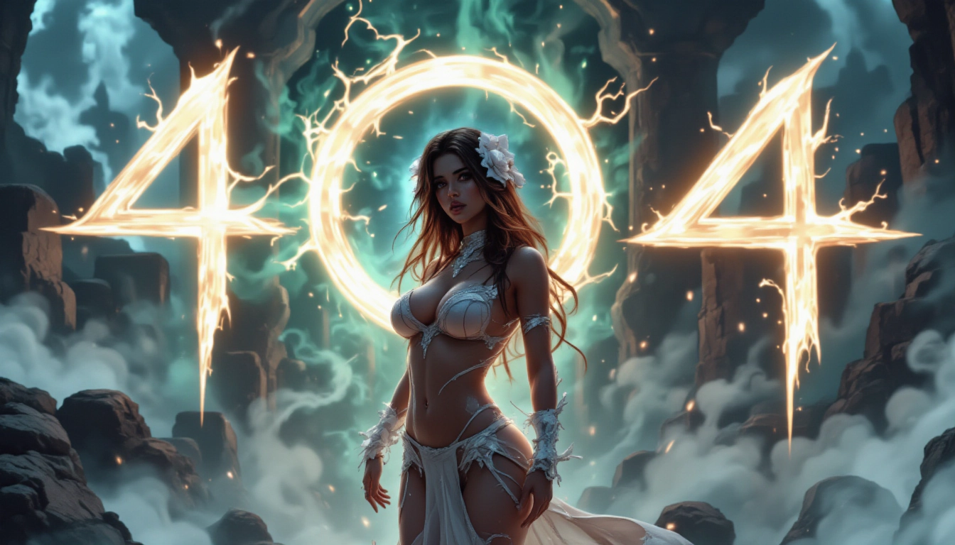 A fantasy-themed advertisement prominently features a woman with long, flowing hair, adorned with a headpiece. She is set against a dramatic backdrop of rocky walls and a cloudy sky, with lightning bolts streaking across it. The woman is centrally positioned, drawing the viewer's attention immediately.

She holds a glowing orb in her right hand, which seems to be emitting a warm, inviting light. This orb stands out against her skin tone and adds a mystical element to the image.

In the foreground, there is large text that reads "404". Just below this, a smaller text states "www.alchemy-games.com". The positioning of these texts suggests they are an integral part of the advertisement.

The overall composition of the image creates a sense of wonder and mystery, likely hinting at the enchanting experience that awaits at the mentioned website.