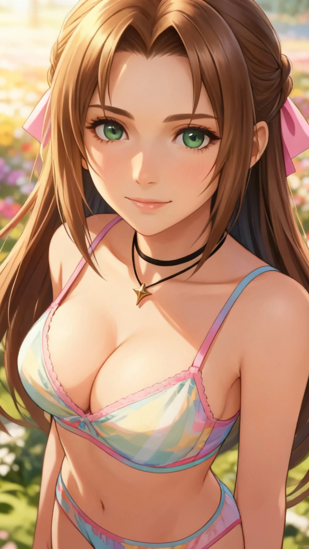 AI Art of Aerith from Final Fantasy in anime style wearing an elegant outdoor outfit by Daddy Jim Headquarters