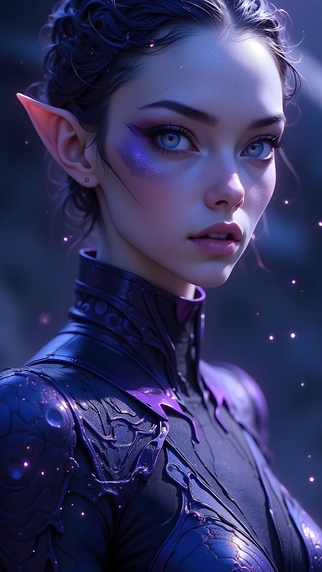 AI Art by Daddy Jim Headquarters: Photorealistic alien woman with luminous skin, purple-blue futuristic attire, captivating otherworldly eyes against starry nebula backdrop showcasing exceptional digital realism and beauty