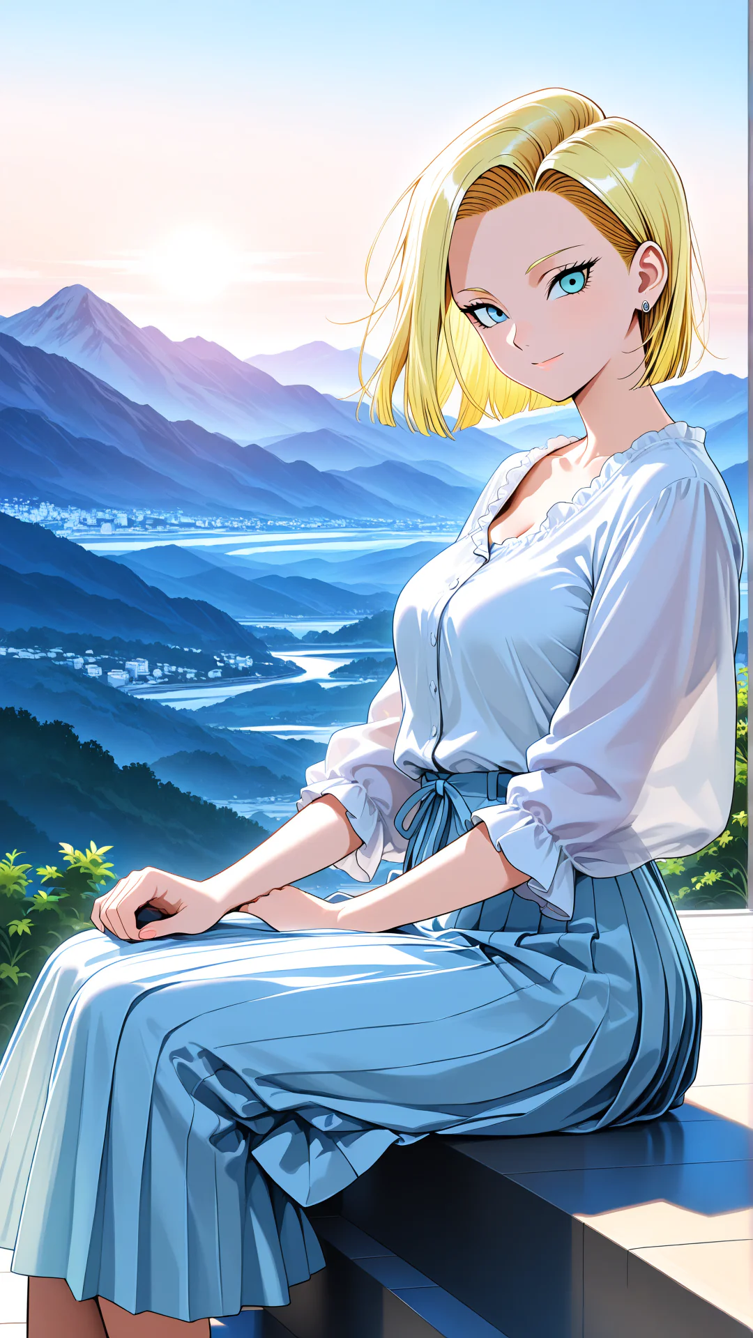A blonde, blue-eyed anime-style woman wearing a white blouse and long blue pleated skirt sits smiling softly against a scenic backdrop of mountains and a winding river valley at sunrise.