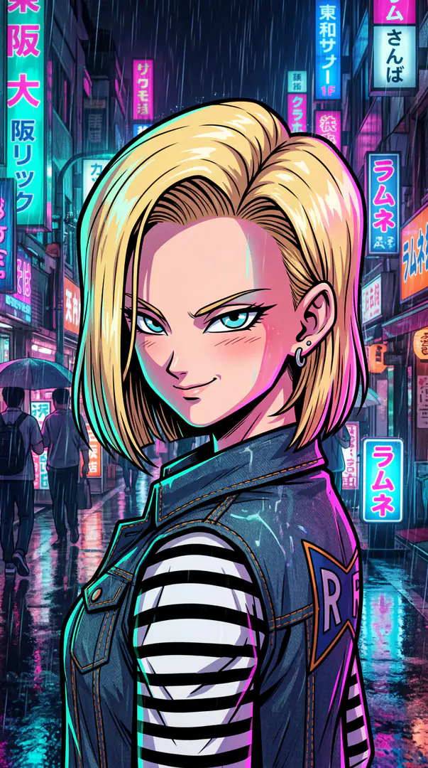Android 18 from Dragon Ball looks over her shoulder with a confident smirk, wearing a denim vest over a black and white striped shirt against the backdrop of a rainy, neon-lit city street.