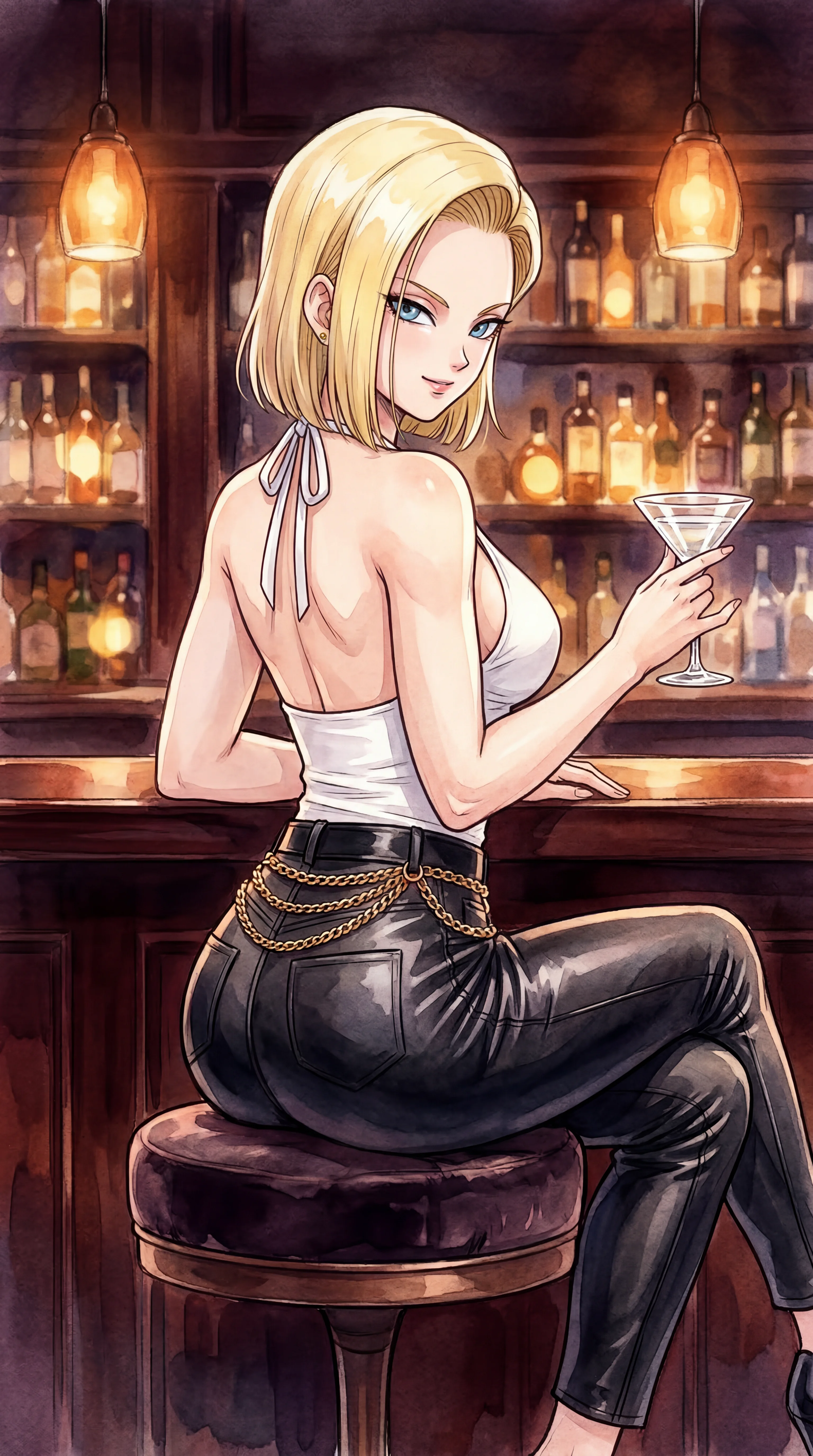 An anime-style blonde woman in a white backless top and black leather pants sits at a dimly lit bar, glancing over her shoulder while holding a martini glass.