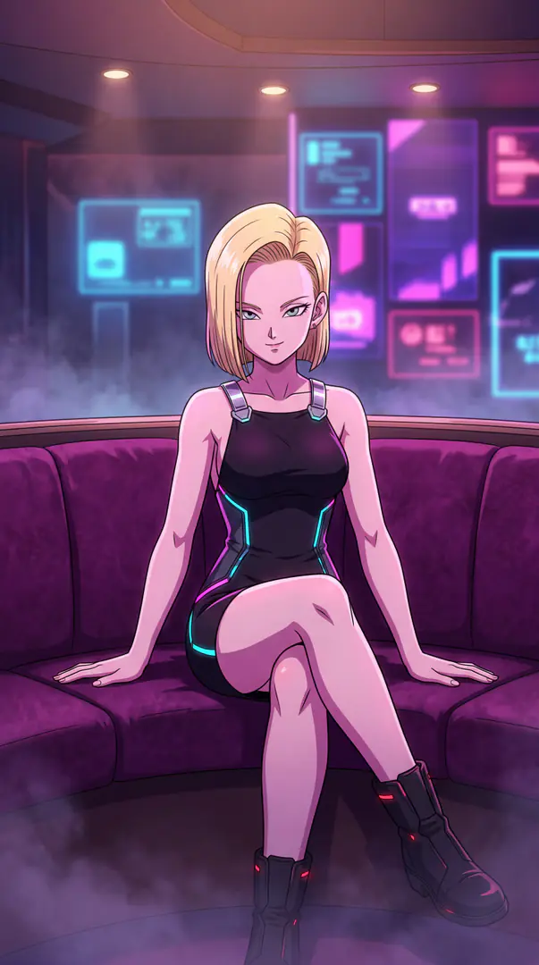 Android 18 from Dragon Ball sits cross-legged on a plush purple sofa in a smoky, neon-lit room, wearing a futuristic black mini-dress with glowing accents and dark boots.