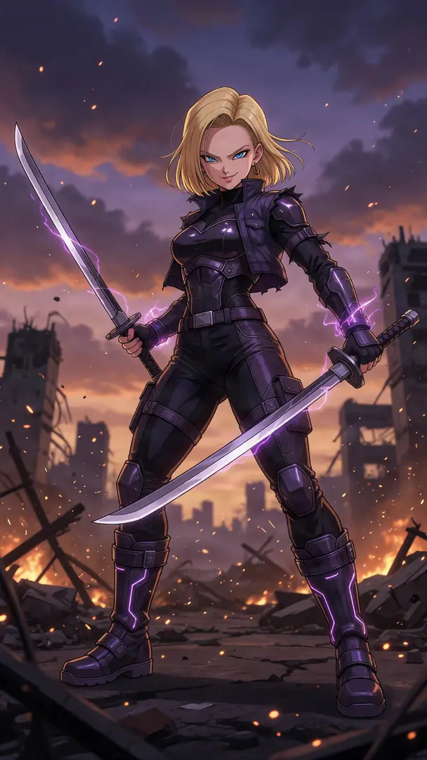 Android 18 from Dragon Ball stands confidently in a dark tactical suit amidst a fiery, ruined cityscape, dual-wielding two swords crackling with purple lightning.