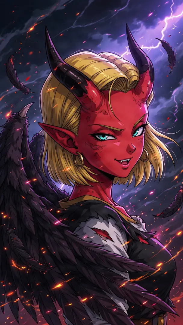 A reimagined Android 18 from Dragon Ball appears as a smirking, red-skinned demon with black horns and large dark feathered wings against a stormy sky filled with purple lightning and fiery embers.