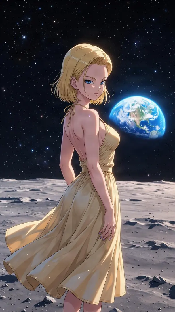 Android 18 from Dragon Ball stands on a cratered lunar surface wearing a flowing, backless yellow dress, looking over her shoulder with Earth visible in the starry background.
