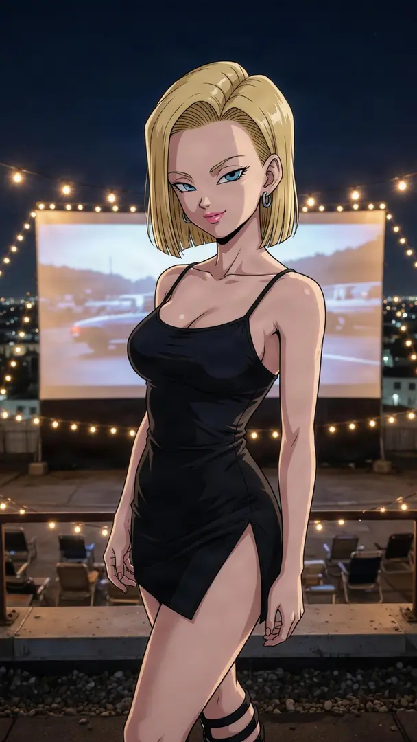 Android 18 in a black mini dress at a rooftop drive-in cinema at night.