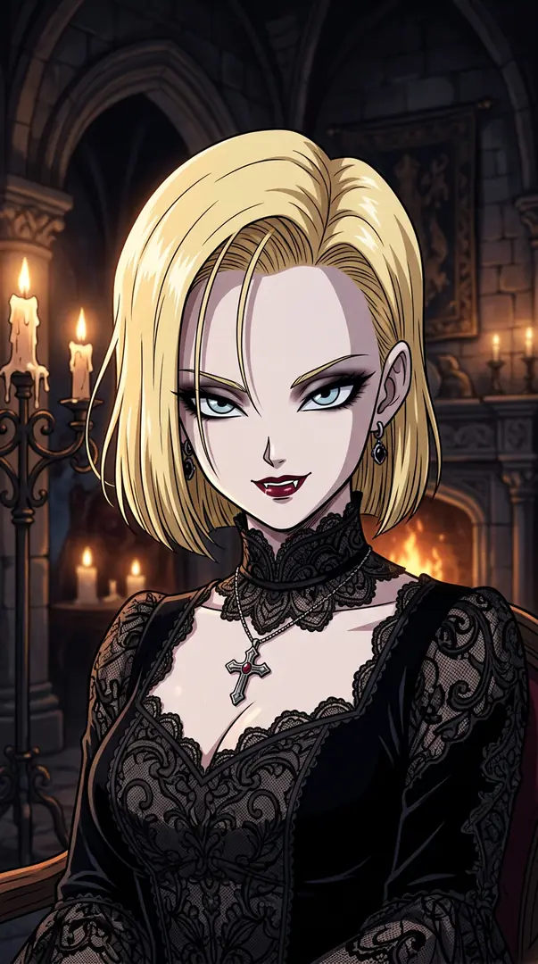 Android 18 from Dragon Ball is depicted as a gothic vampire with fangs, wearing an elegant black lace dress and a cross necklace inside a candlelit room.