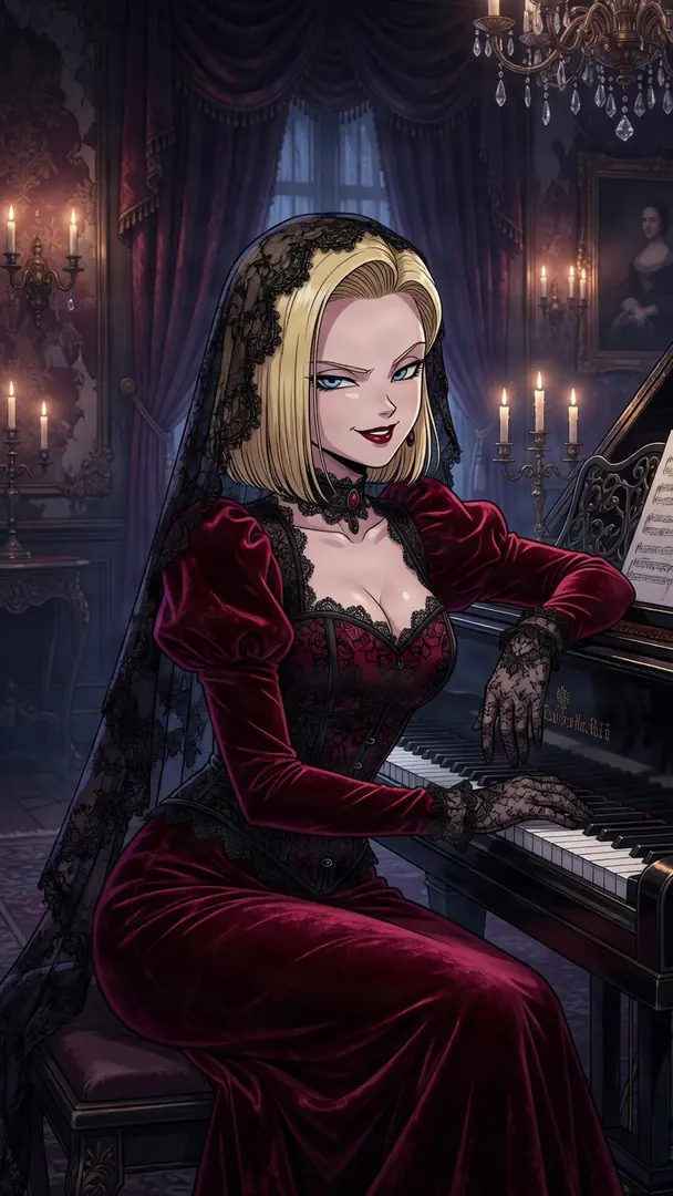 Android 18 from Dragon Ball sits at a grand piano in a candlelit, gothic room, wearing an elegant dark red velvet dress with a black lace veil and smirking at the viewer.