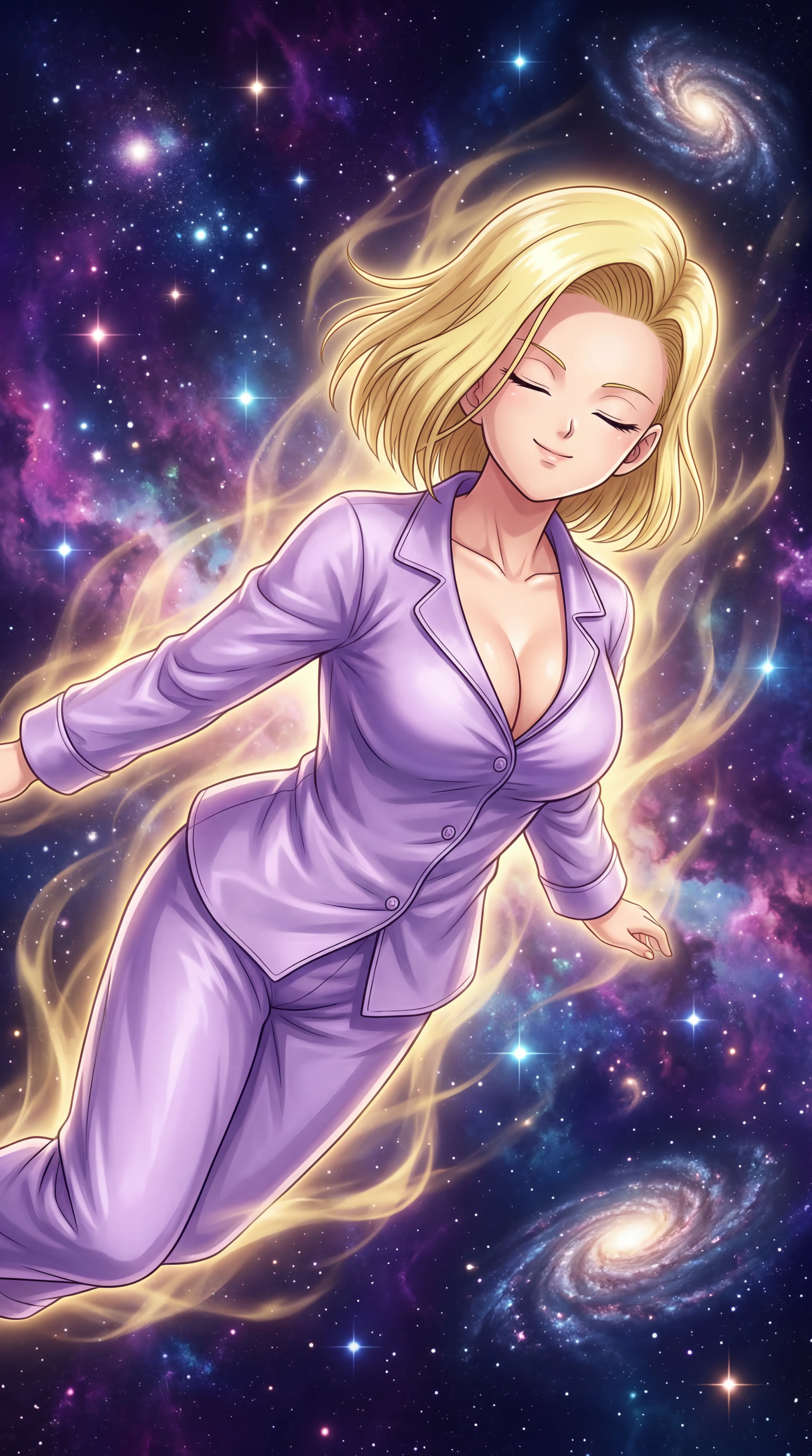 An anime-style woman in light purple pajamas floats peacefully with her eyes closed through a vibrant starry galaxy while surrounded by a glowing golden aura.