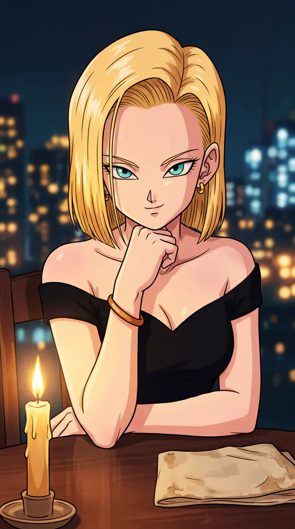 Android 18 from Dragon Ball rests her chin on her hand while sitting at a candlelit table in a black off-the-shoulder top against a blurry nighttime city skyline.