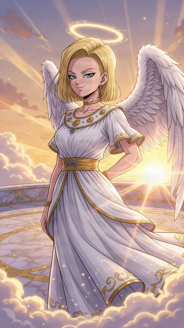 Android 18 from Dragon Ball is illustrated as a heavenly angel with large white feathered wings, a glowing halo, and an elegant white and gold dress standing against a radiant sunrise.