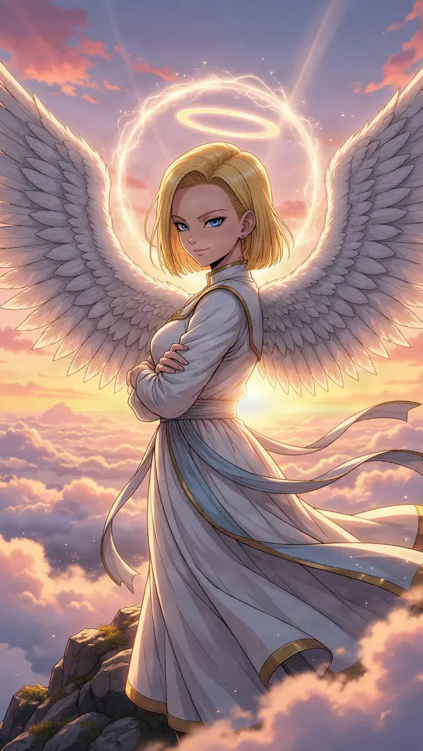 Android 18 from Dragon Ball is depicted as an angel with large white wings and a glowing halo, standing confidently with crossed arms in a flowing white robe on a rocky peak above a sunset cloudscape.