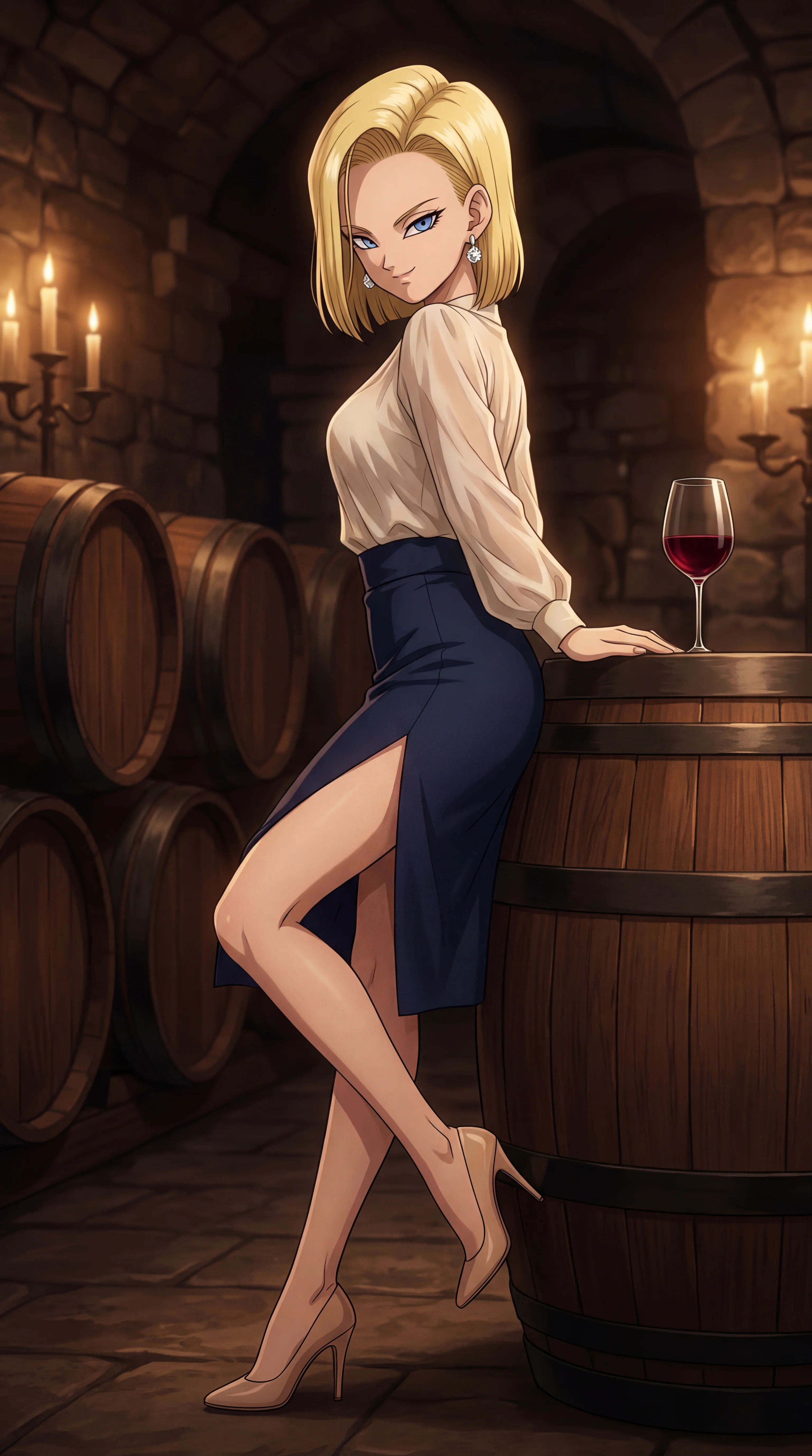 An anime-style blonde woman wearing a sheer cream blouse and a high-slit dark skirt leans against a wooden barrel next to a glass of red wine in a dimly lit, candlelit stone cellar.