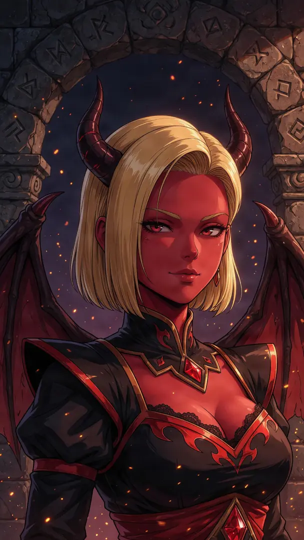 Android 18 from Dragon Ball is reimagined as a demon with red skin, black horns, and bat wings, wearing a black and red outfit in front of a stone archway and floating embers.