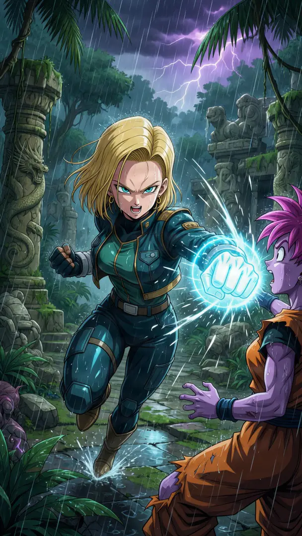 Android 18 charges through rainy jungle ruins under a stormy sky to deliver a glowing blue energy punch to a startled purple-skinned opponent.