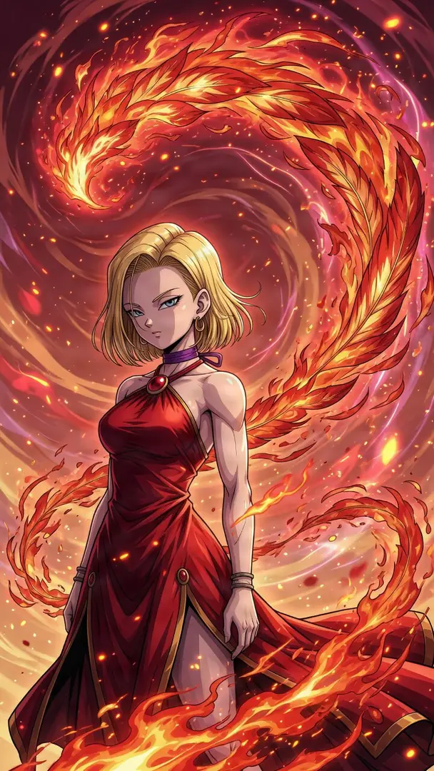 Android 18 from Dragon Ball stands confidently in an elegant red dress surrounded by a swirling vortex of vibrant, feather-like flames.