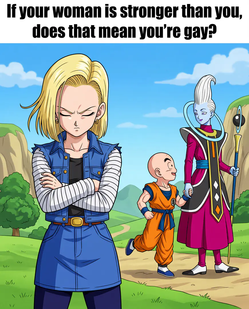 Under the text "If your woman is stronger than you, does that mean you're gay?", a displeased Android 18 from Dragon Ball stands with crossed arms while Krillin happily walks away holding hands with Whis in the background.