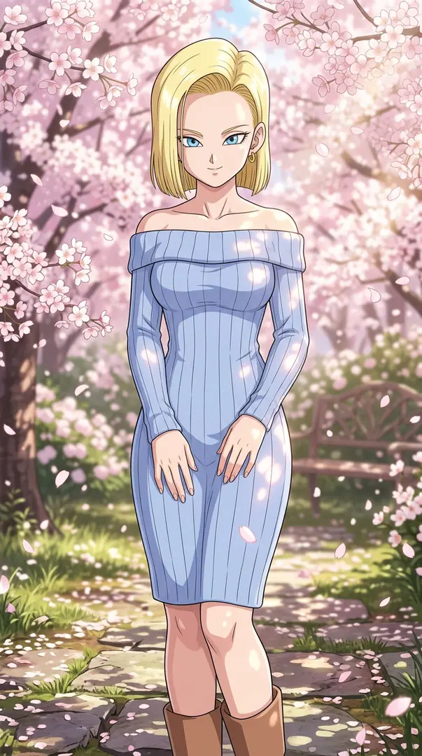 Android 18 from Dragon Ball stands on a stone path wearing a light blue ribbed off-the-shoulder dress amidst blooming cherry blossom trees and falling pink petals.