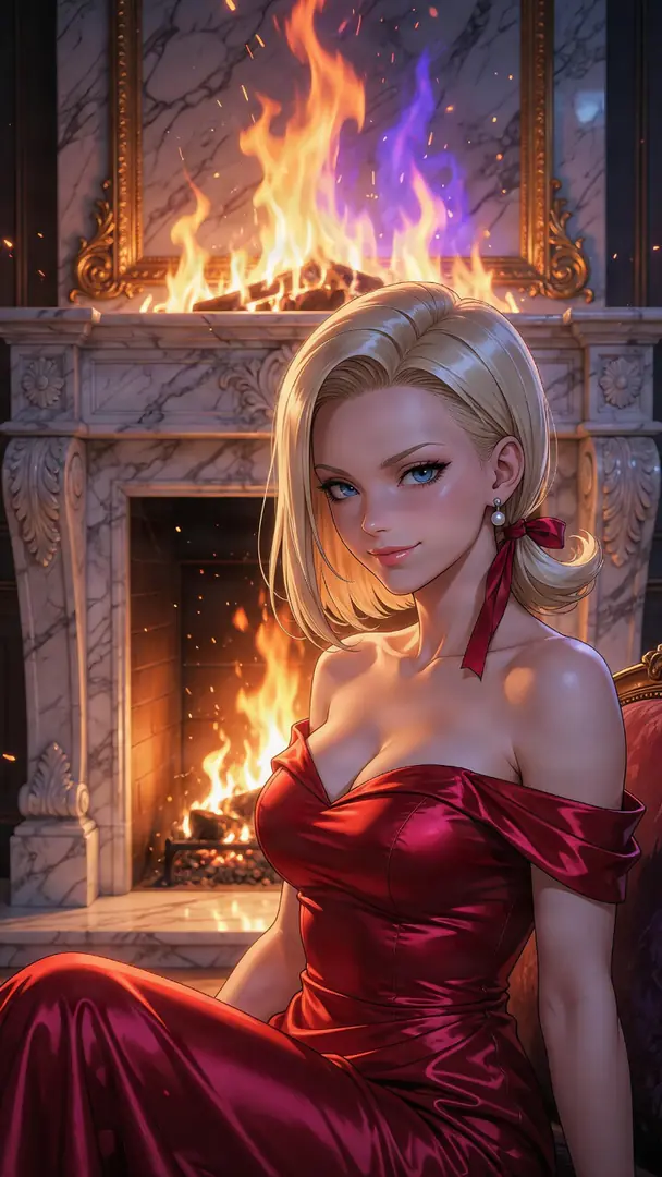 Android 18 from Dragon Ball sits elegantly in a glamorous off-the-shoulder red satin gown in front of a roaring, ornate marble fireplace.