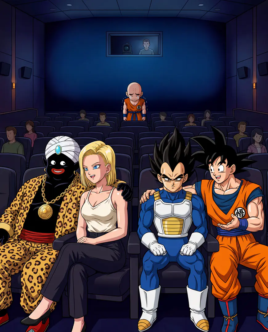 Android 18 from Dragon Ball sits smiling in a movie theater next to an annoyed Vegeta and a cheerful Goku, while Mr. Popo puts his arm around her and a crying Krillin stands in the row behind them.