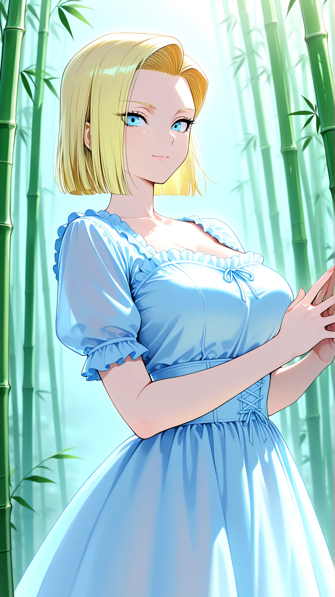 An anime-style woman with short blonde hair and bright blue eyes wears a light blue ruffled dress while standing in a sunlit bamboo forest.