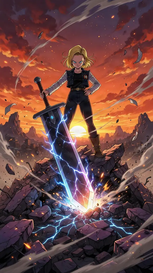 Android 18 from Dragon Ball stands confidently atop a pile of rocky debris against a fiery sunset, gripping a massive broadsword crackling with blue lightning.