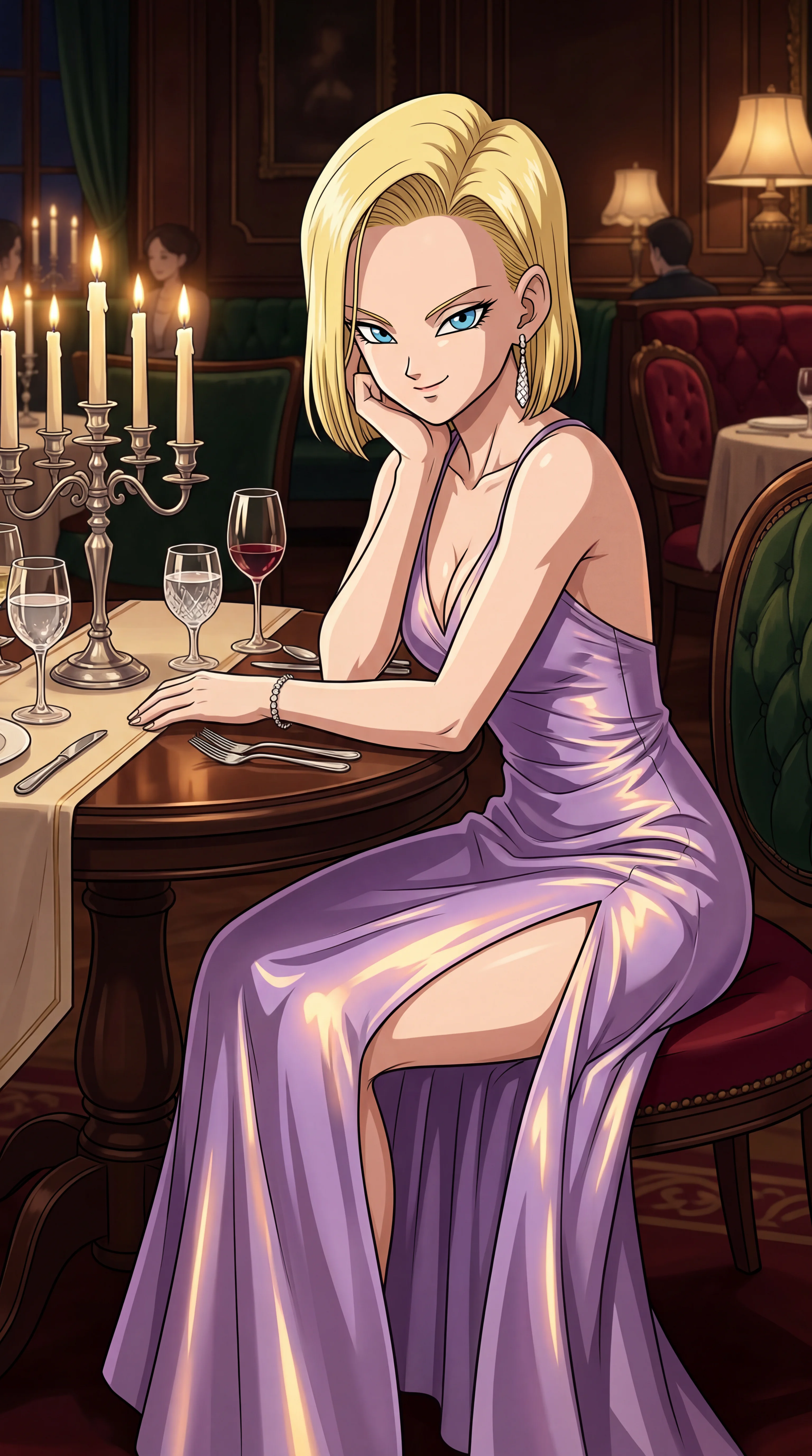 A blonde anime-style woman wearing a shiny lavender gown sits resting her chin on her hand at a candlelit dining table in an elegant restaurant.