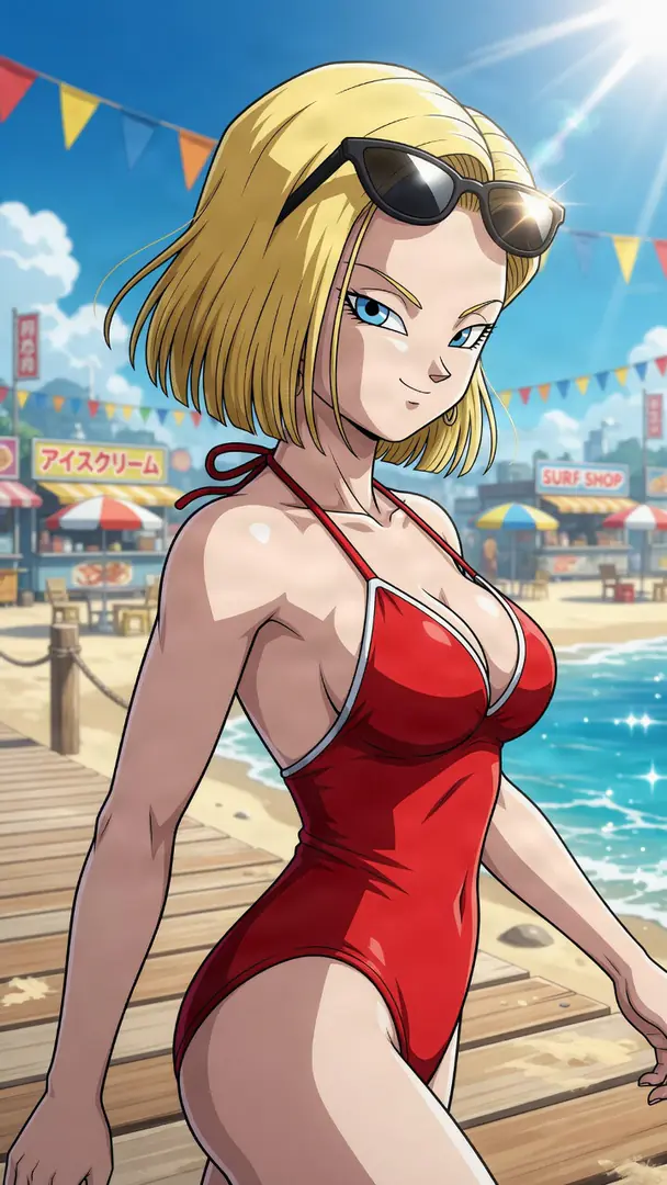 Android 18 from Dragon Ball smiles while walking along a sunny beach boardwalk wearing a red one-piece swimsuit and sunglasses perched on her blonde hair.