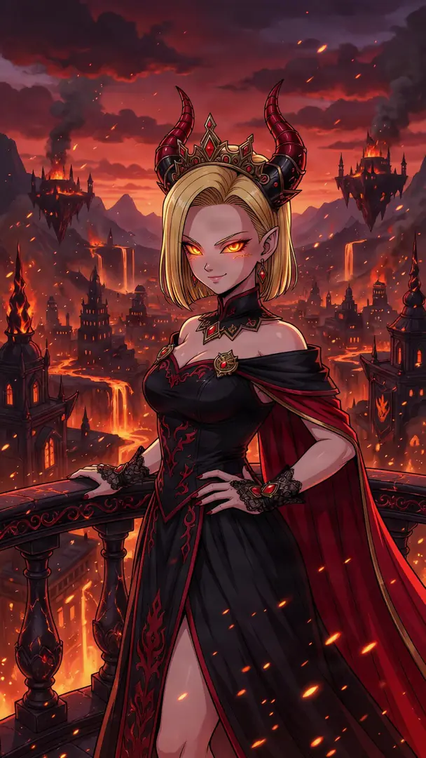 Android 18 from Dragon Ball is reimagined as a demonic queen with horns and glowing eyes, standing in an elegant black and red gown on a balcony overlooking a fiery volcanic cityscape.