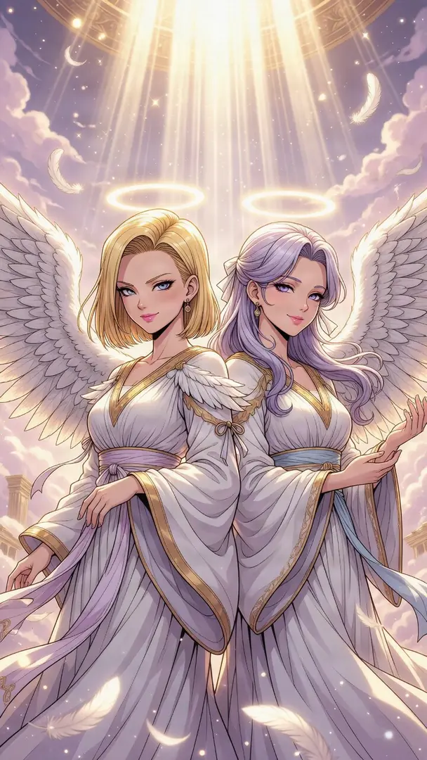 Android 18 from Dragon Ball and a purple-haired companion are depicted as elegant angels with large feathered wings, glowing halos, and flowing white robes beneath beams of divine heavenly light.