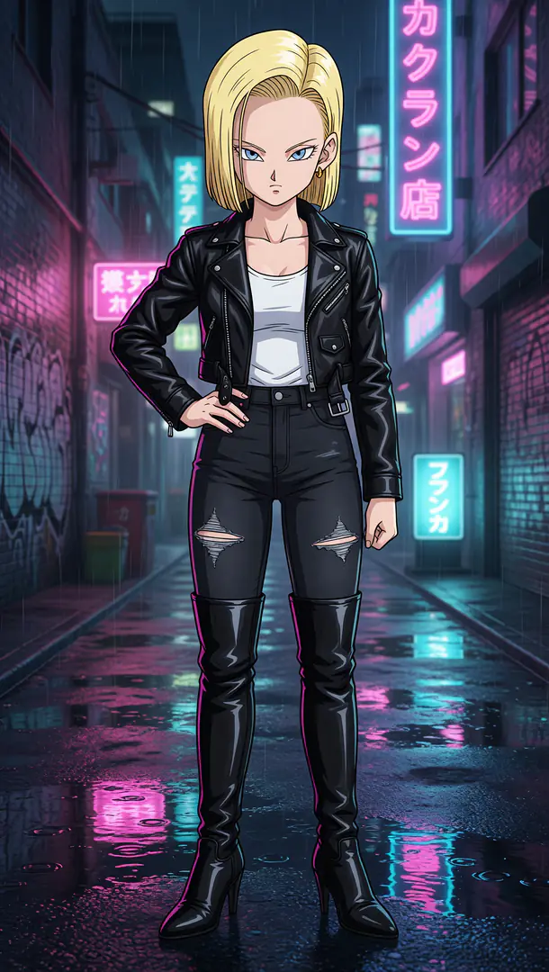 Android 18 from Dragon Ball stands confidently with one hand on her hip in a rainy, neon-lit alleyway wearing a black leather jacket, distressed black jeans, and tall black boots.