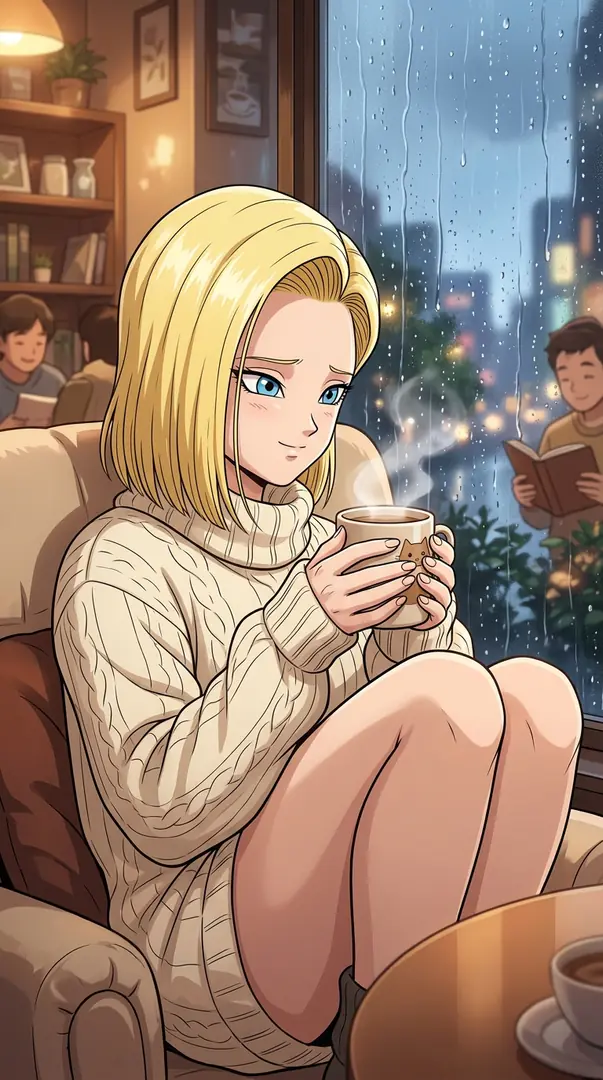 Android 18 sits with her knees drawn up in a cozy chair by a rainy window, wearing an oversized cream cable-knit sweater and holding a steaming mug.