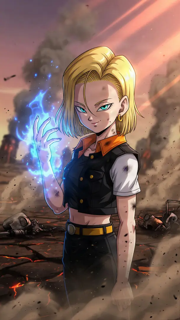 Android 18 from Dragon Ball smirks confidently while charging a glowing blue energy blast in her hand amidst a smoky, ruined landscape.