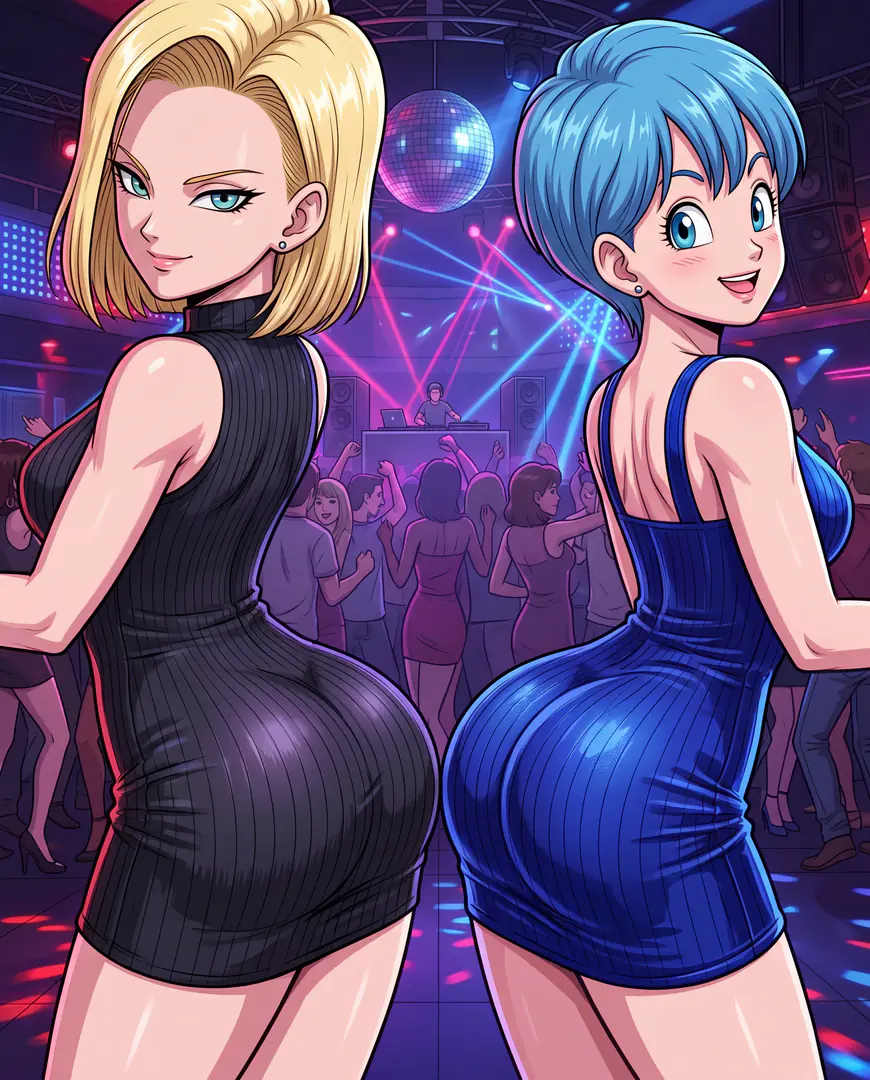 Android 18 from Dragon Ball and Bulma wear form-fitting dresses and look over their shoulders while dancing in a crowded, neon-lit nightclub.