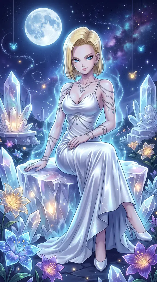 An anime-style blonde woman in a flowing white gown sits gracefully on a glowing crystal beneath a full moon in a mystical, starry garden surrounded by luminous flowers.