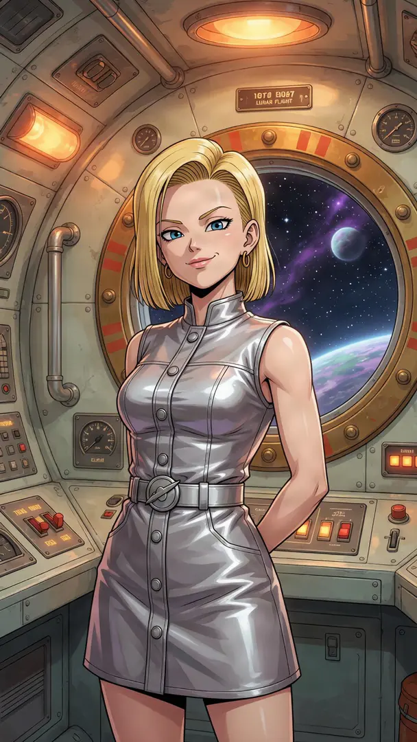 Android 18 from Dragon Ball poses in a shiny silver dress inside a retro-futuristic spaceship cabin featuring a large circular window overlooking a starry cosmos.