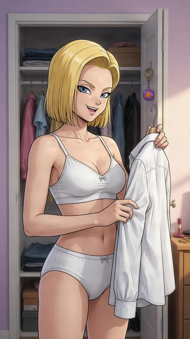 Android 18 from Dragon Ball stands smiling in front of an open closet in white underwear as she holds up a white button-down shirt on a hanger.