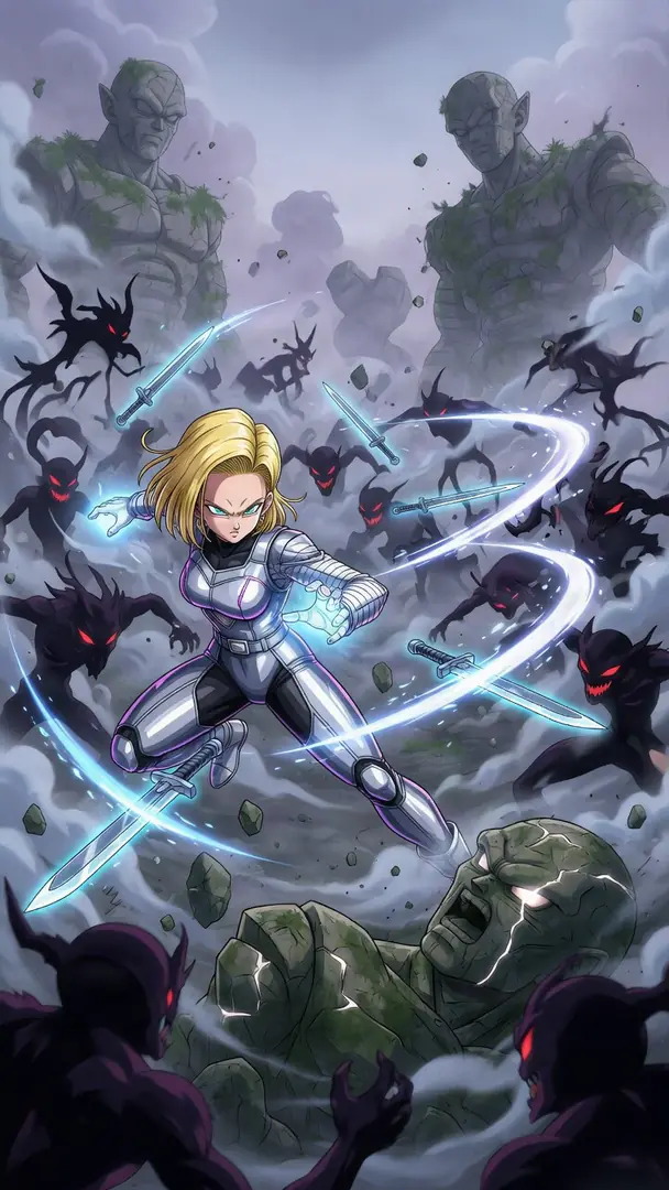 Android 18 from Dragon Ball, clad in a sleek silver battle suit, wields swirling blue energy swords to fight off a horde of shadowy demons and towering stone statues in a smoky landscape.