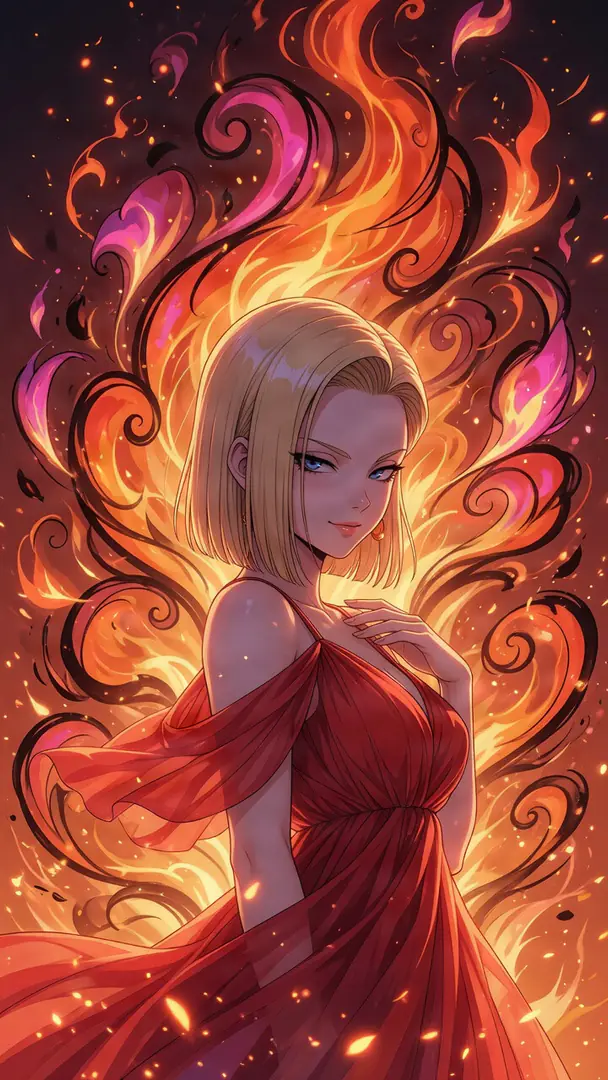 Android 18 from Dragon Ball smirks confidently in a flowing red off-the-shoulder dress against a vibrant background of swirling orange and magenta flames.