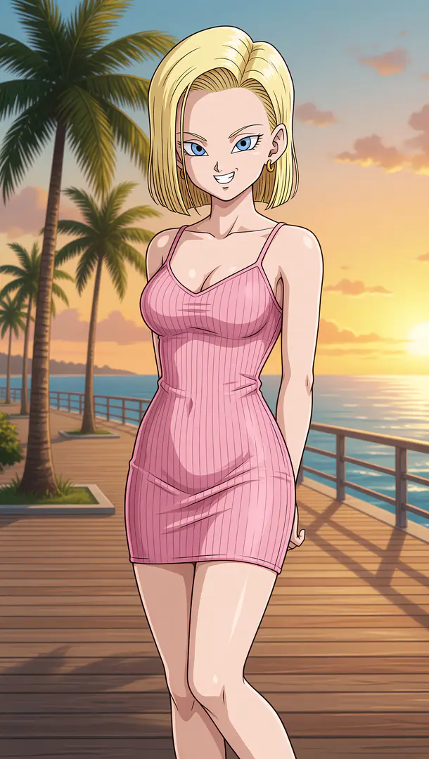 Android 18 from Dragon Ball stands smiling on a tropical ocean boardwalk at sunset while wearing a form-fitting, ribbed pink dress.