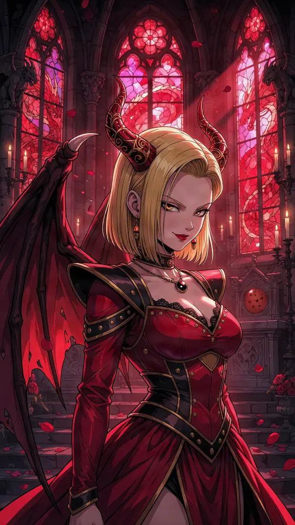Android 18 from Dragon Ball is stylized as a demon with curved horns and red bat wings, wearing an ornate red and black gothic dress inside a cathedral illuminated by glowing red stained glass windows.