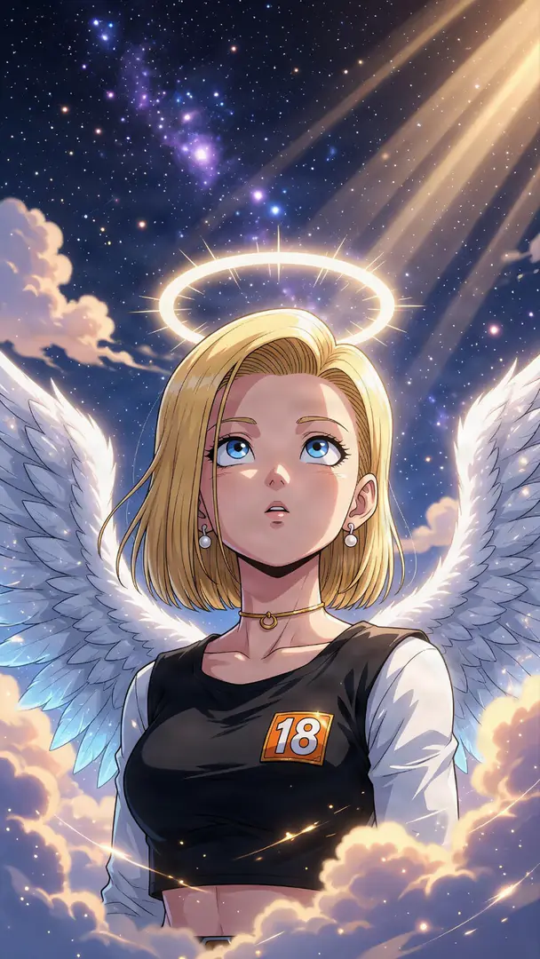 Android 18 from Dragon Ball is depicted as an angel with white feathered wings and a glowing halo, gazing upward at radiant light rays shining down through a starry night sky.