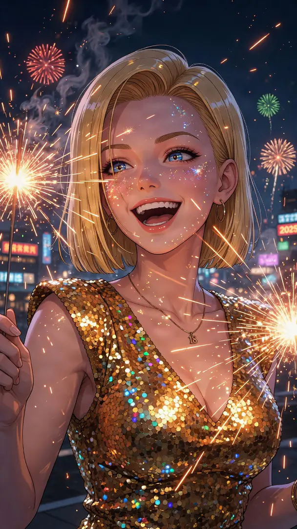 Android 18 from Dragon Ball smiles joyfully in a glittering gold sequin dress while holding a bright sparkler against a backdrop of nighttime city fireworks.