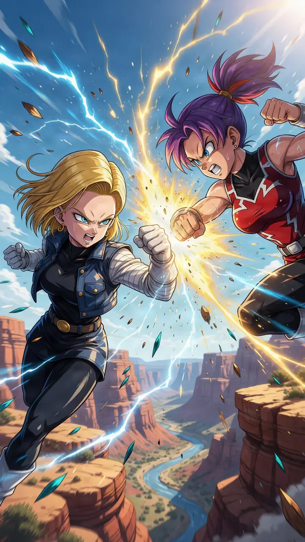 Android 18 from Dragon Ball and a purple-haired fighter engage in a fierce mid-air battle above a rocky canyon, their clashing fists generating bright sparks and crackling lightning.