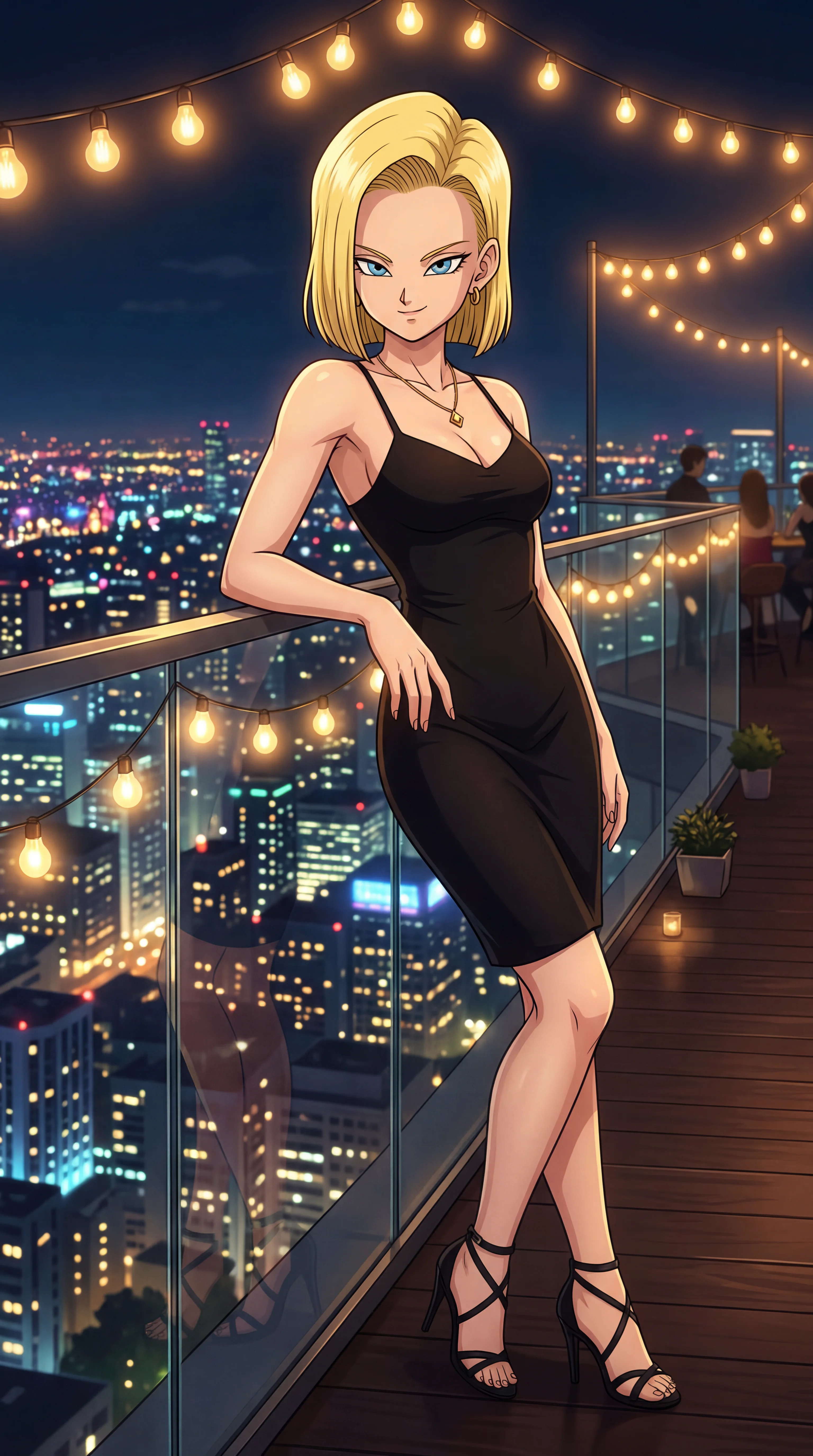 A blonde anime-style woman in a sleek black dress leans against a glass balcony railing overlooking an illuminated city skyline at night beneath warm string lights.
