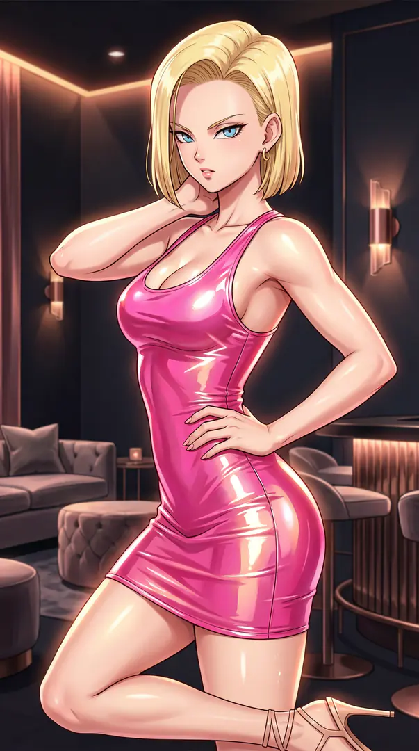 A blonde, blue-eyed anime woman in a shiny pink mini dress poses confidently with one hand on her hip inside a stylishly lit lounge.