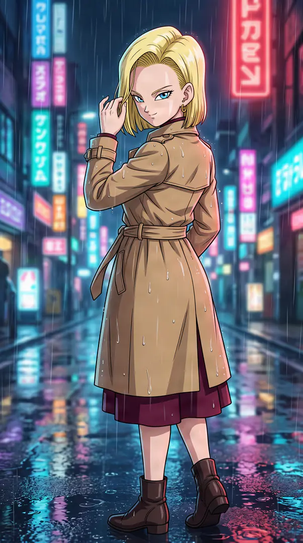 Android 18 looks over her shoulder and adjusts her blonde hair while standing on a rainy, neon-lit city street wearing a wet tan trench coat.