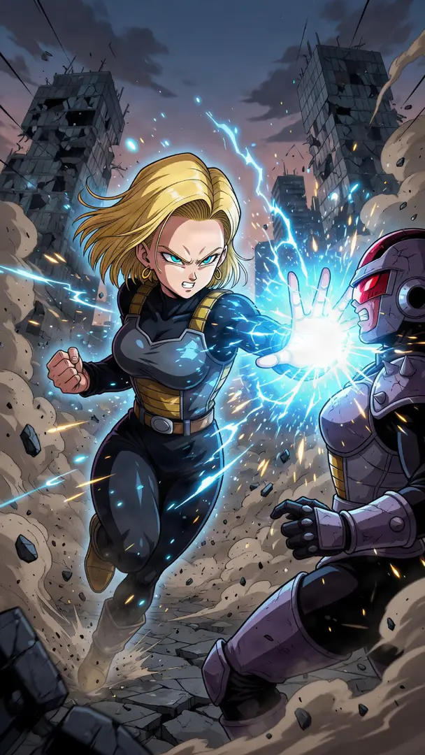 Android 18 from Dragon Ball charges forward amidst crumbling city ruins to strike an armored robotic enemy with a crackling blue energy blast from her outstretched hand.