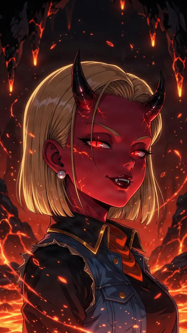 Android 18 from Dragon Ball is depicted as a smirking demon with red skin, black horns, fangs, and glowing red eyes against a fiery background of molten lava.